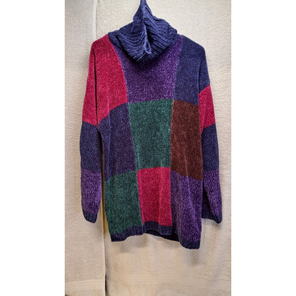 Bentley Vintage Chenille Colorblock Patchwork Cowl Neck Sweater Large Jewel Tone